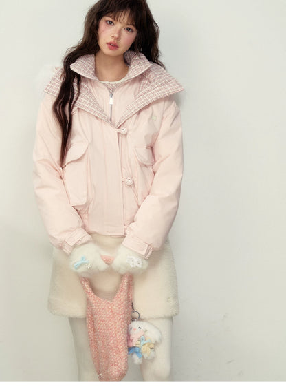 SunsetPark - Blush Pink & Plaid 90% White Duck Down Puffer Jacket (Short / Long / Navy / Glacier Blue)