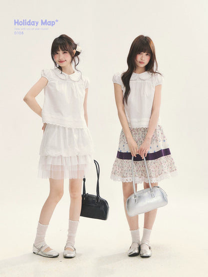 "Cotton Cloud" White Ruffle Collar Puff Sleeve Babydoll Top