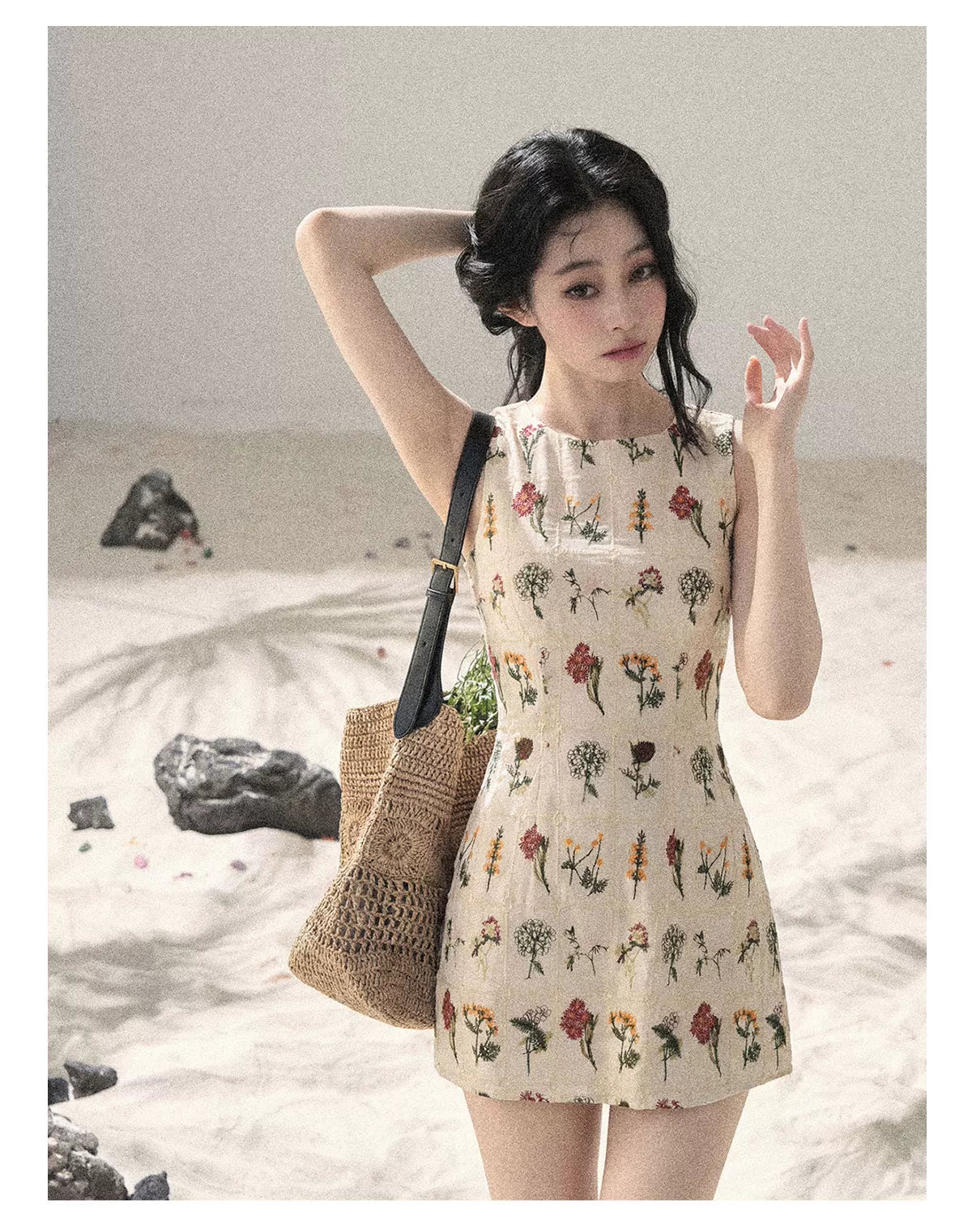 "Wildflower Daydream" Dutch Cream Embroidered Mini Dress - Sleeveless 45684