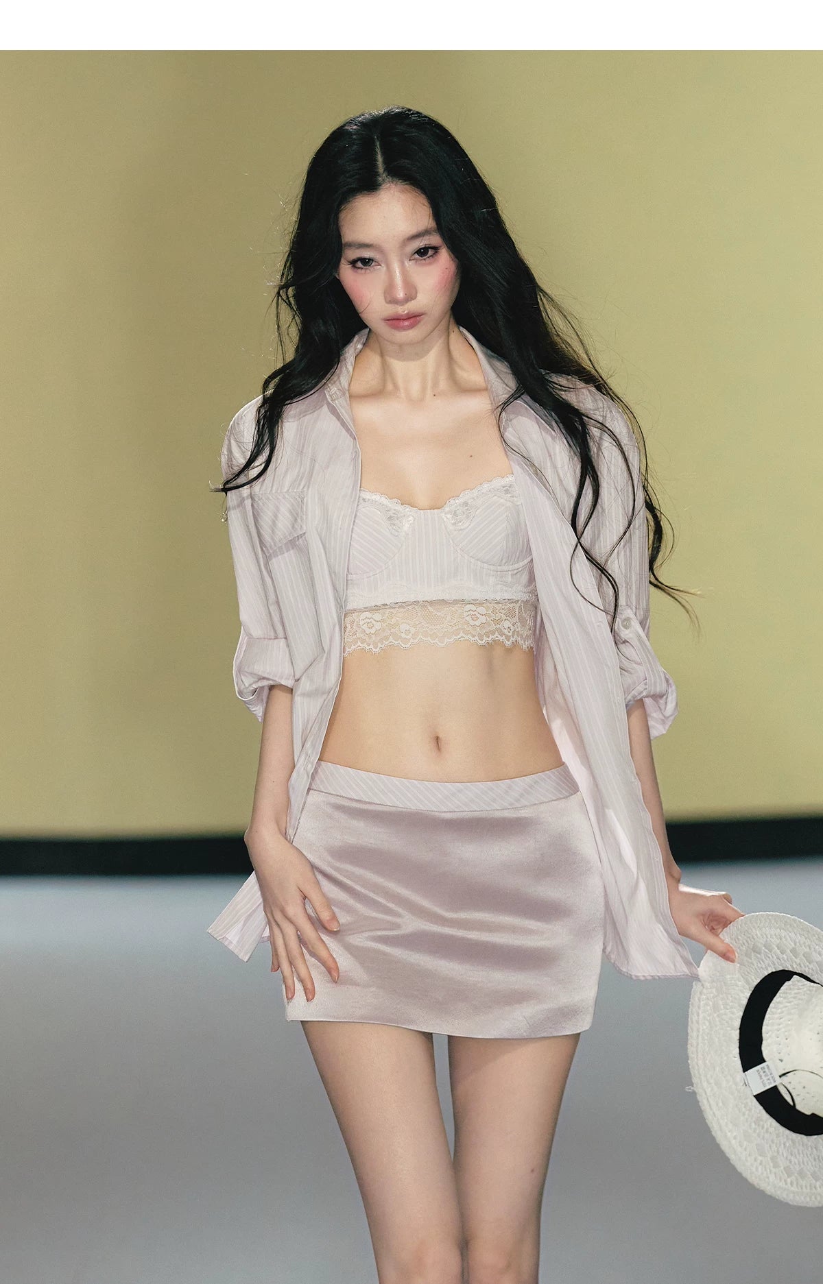"Rosé Study Session" Pink Stripe Shirt, Lace Corset Cami & Champagne Skort Set