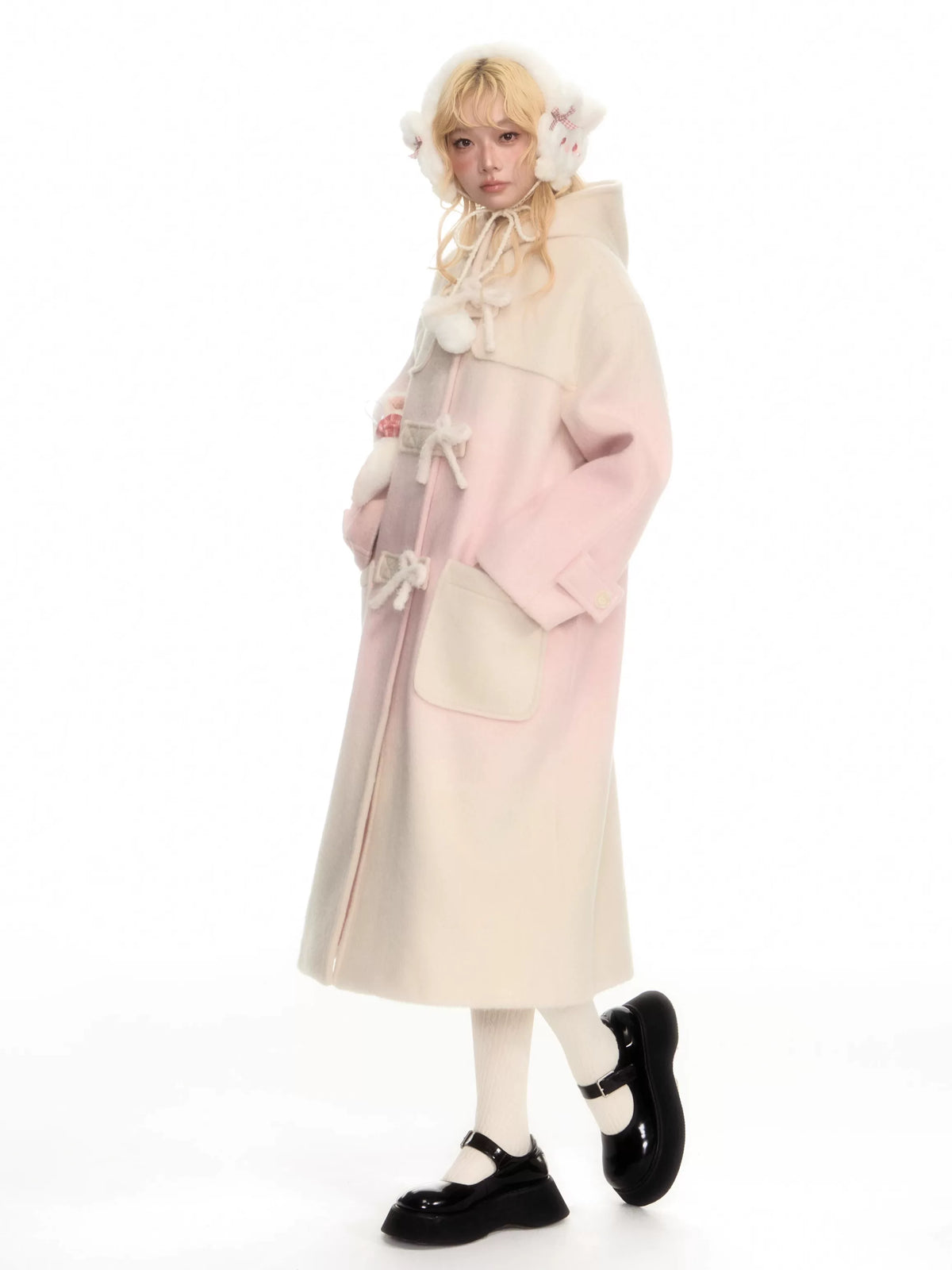 YEDM - Pink Gradient Hooded Wool Coat
