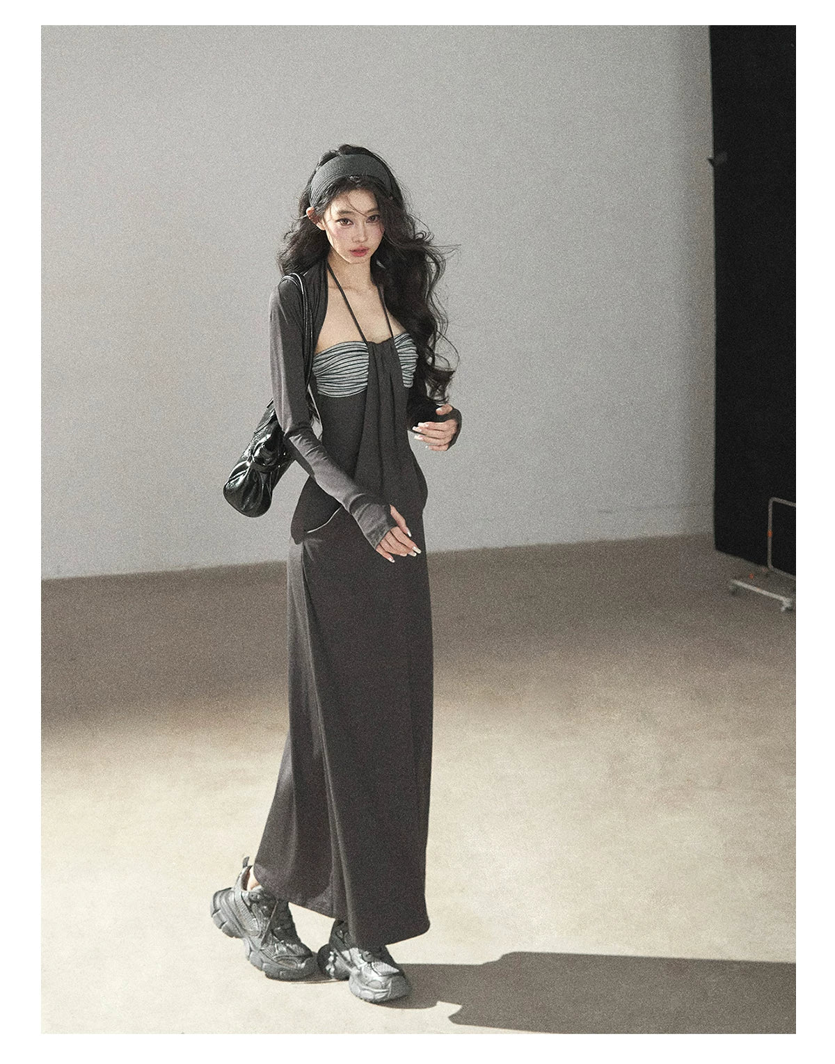 AOMALM - "Twilight River Cove" Cloud Mist Gray Striped Knit Shoulder Wrap Dress Set