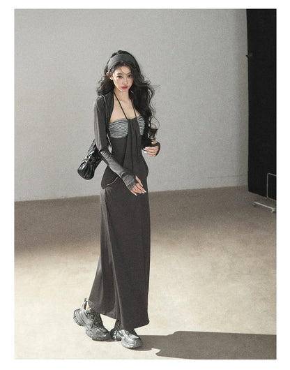 AOMALM - "Twilight River Cove" Cloud Mist Gray Striped Knit Shoulder Wrap Dress Set