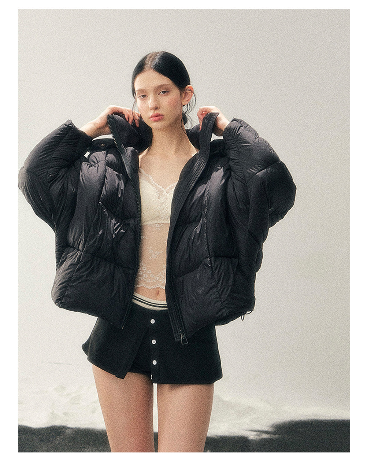 少也眼 "Thawing Snow Realm" Matte Nylon Down Puffer Jacket - Quiet Black