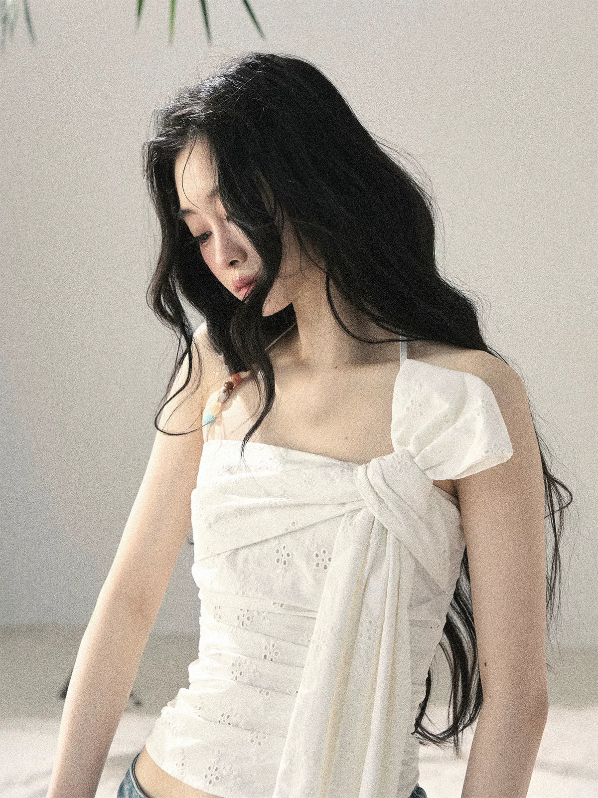 "Fragments of Tenderness" Frost White Halter Twist Crop Top
