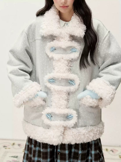 RF - Mist Blue Bow Print Suede-Look Jacket with Cream Curly Faux Fur Trim