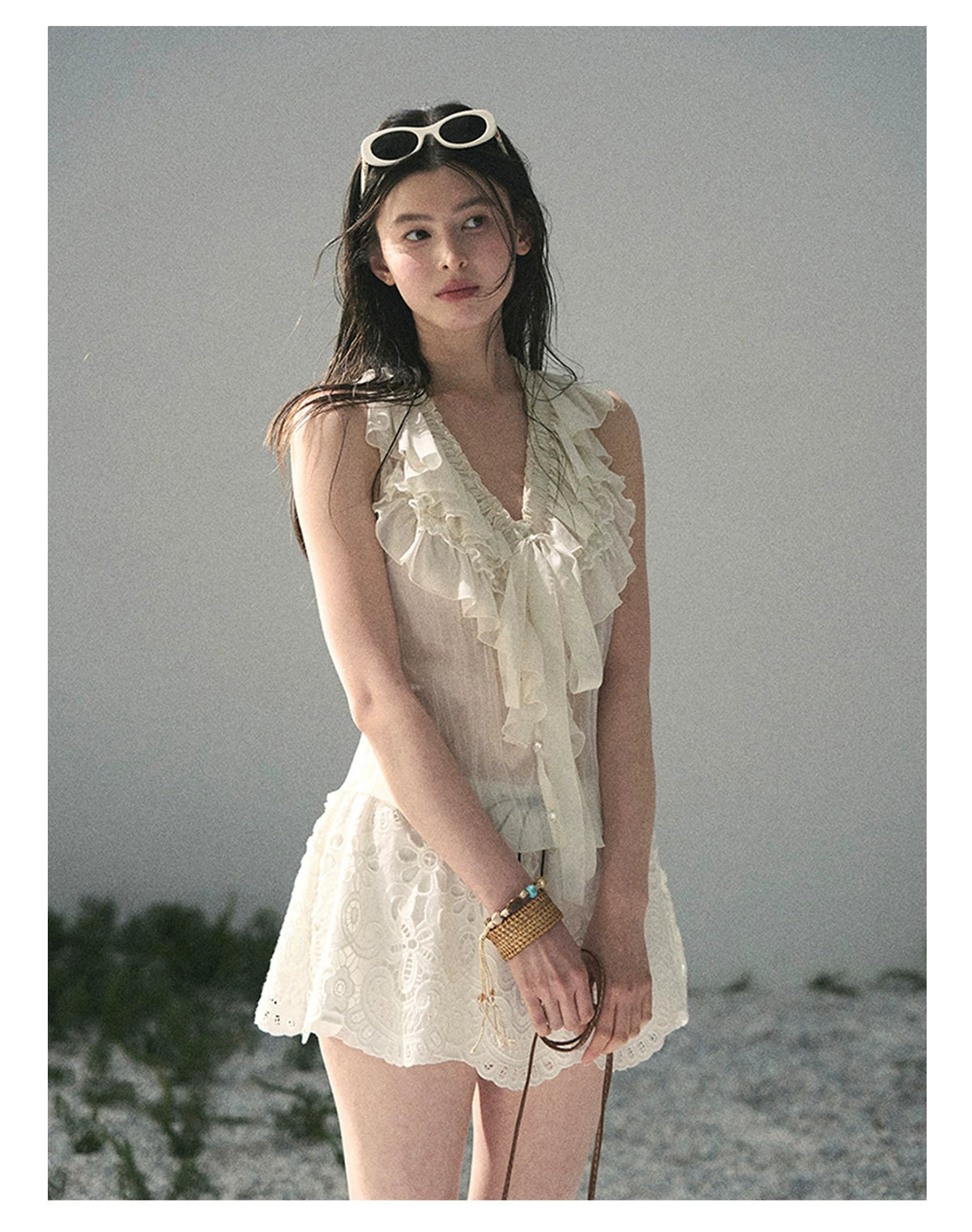 “Moonlight Through Sheer Veils” Ivory Ruffle Chiffon Blouse