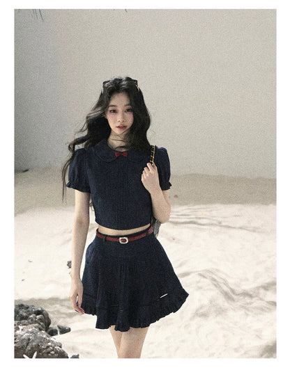 "Seaside Breeze" Navy Blue Denim Pleated Top & Mini Skirt Two-Piece Set