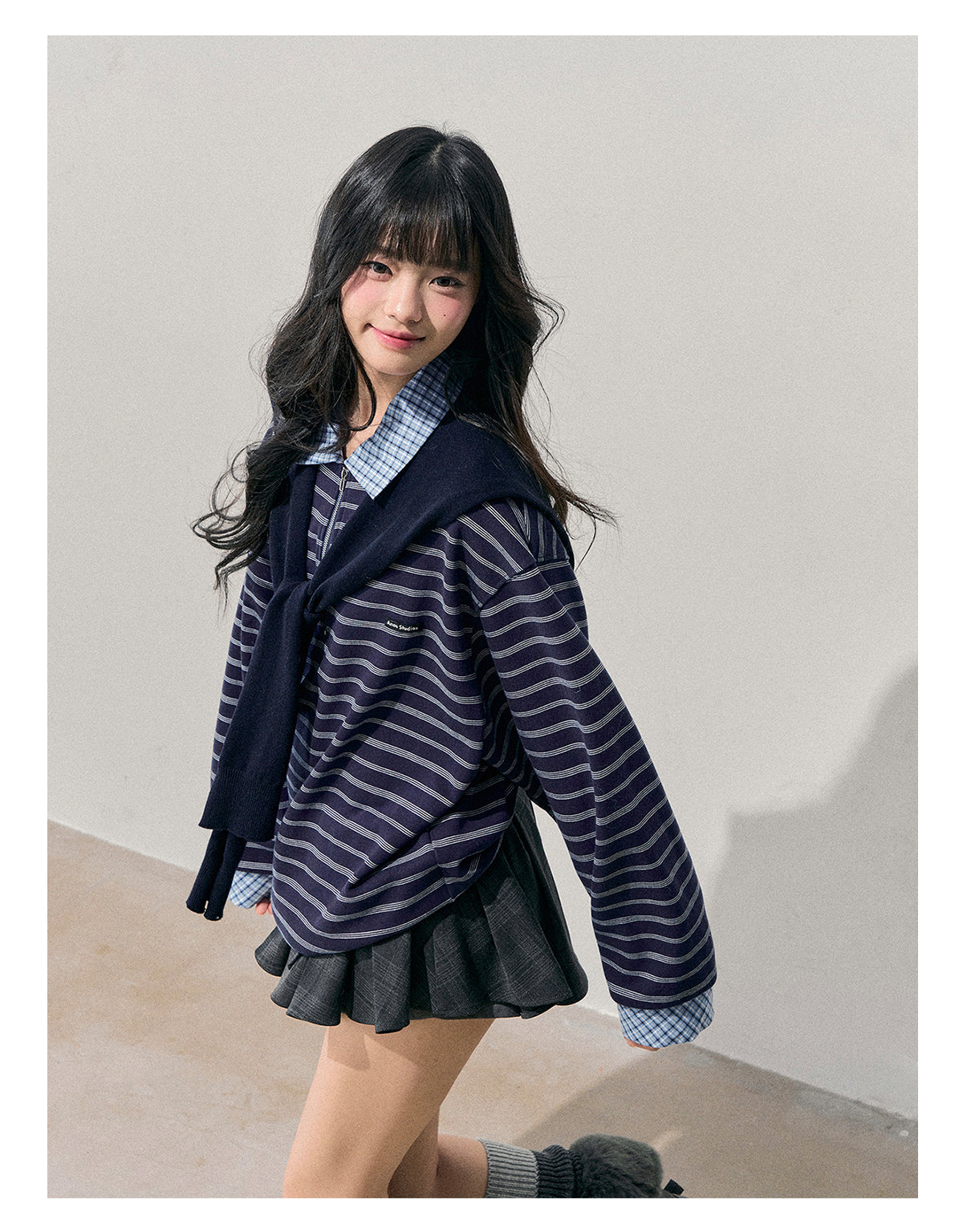 少也眼 “She Fades into Blue” Faux-Layered American Stripe Polo Top 54542
