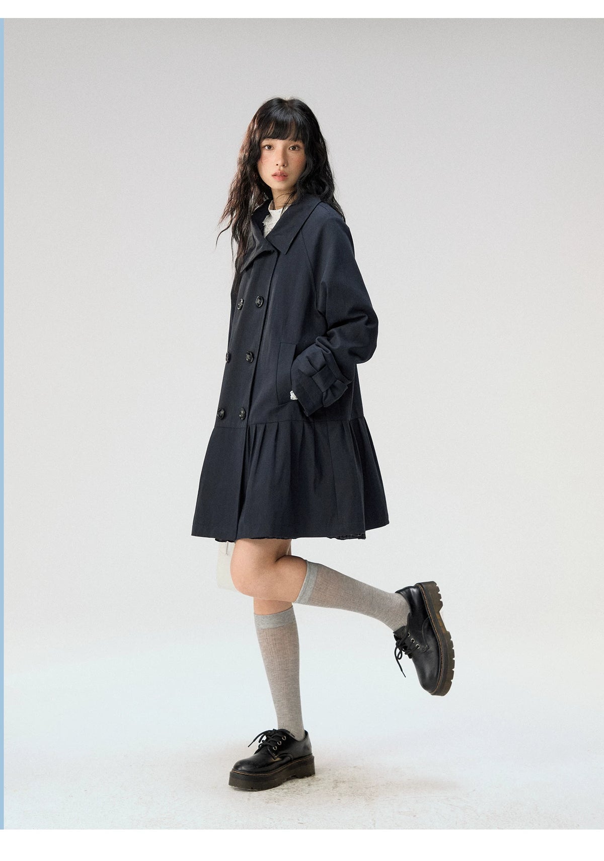[CAN] "Azure Echoes" Navy Double-Breasted Bow Long Trench Coat