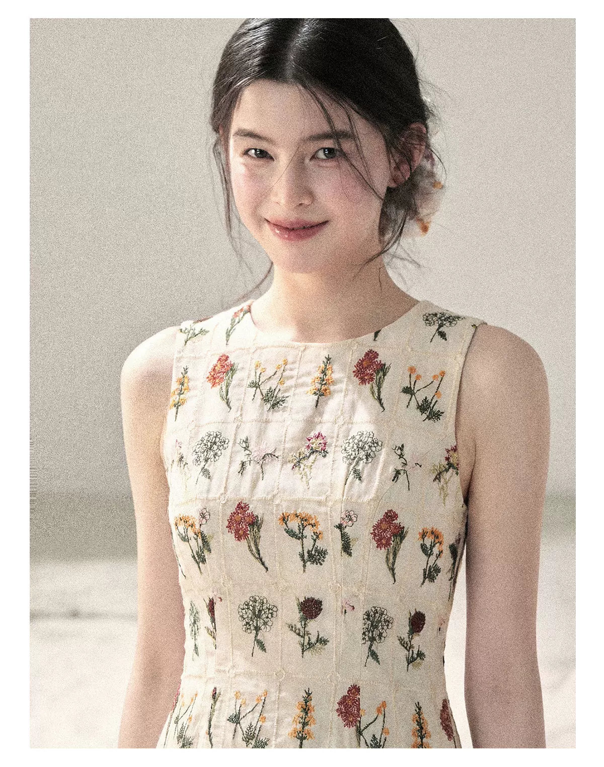 "Wildflower Daydream" Dutch Cream Embroidered Mini Dress - Sleeveless 45684