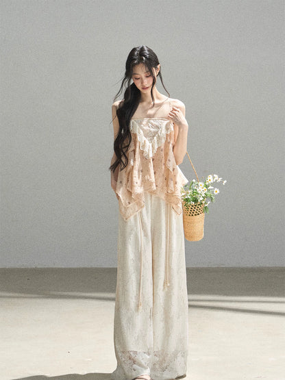 "Orange-Scented Dusk" Toasted Rice Beige Asymmetrical Lace Cami