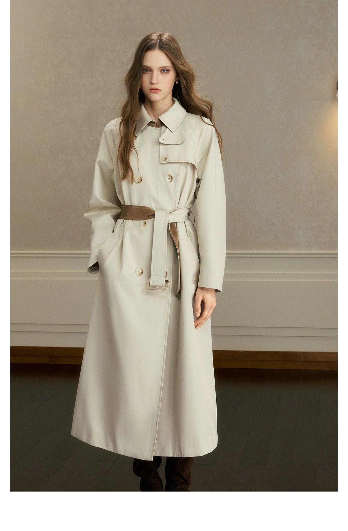 oshea - Moonlight Gray Double-Breasted Belted Long Trench Coat