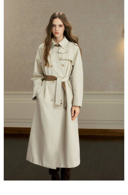 oshea - Moonlight Gray Double-Breasted Belted Long Trench Coat
