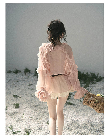 “Whispers of the Wind” Blush Pink Lace Chiffon Blouse (With Belt)