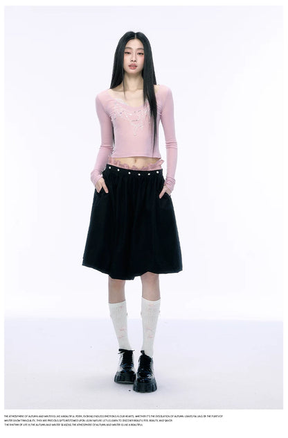 JN's DESIGN - Black Bubble Hem Skirt with Pearl Button Detail