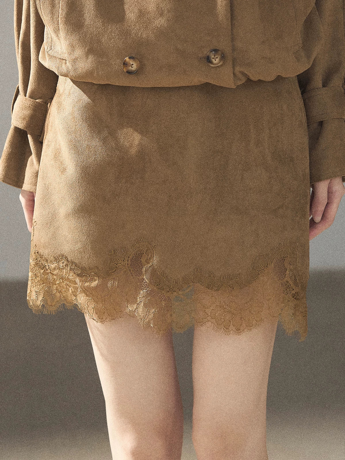 AOMALM - Sandstone Brown Faux-Suede Jacket & Lace-Trim Mini Skirt Set