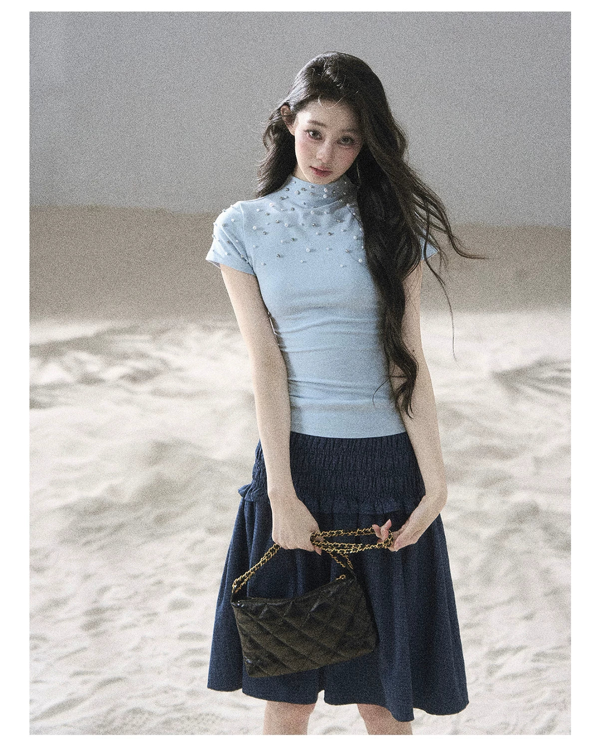 "Scattered Across the Milky Way" Pearl Beaded Knit T-Shirt (Haze Blue/ Sage Gray)
