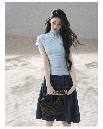 "Scattered Across the Milky Way" Pearl Beaded Knit T-Shirt (Haze Blue/ Sage Gray)