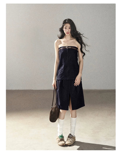AOMALM - "Bluebell in Suspension" Navy Blue Korean Denim-Inspired 2-Piece Skirt Set