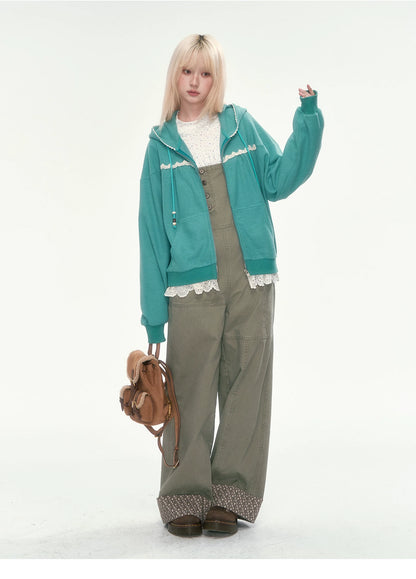 [CAN] Green Lace-Trim Waffle Knit Zip-Up Hoodie