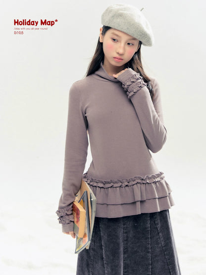 "Lavender Mist" Smoky Mauve Ruffle Ruched Turtleneck Knit Top