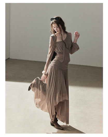 170726 "Waiting for Autumn Rain" Silver Mouse Gray Off-Shoulder Pleated Skirt Set