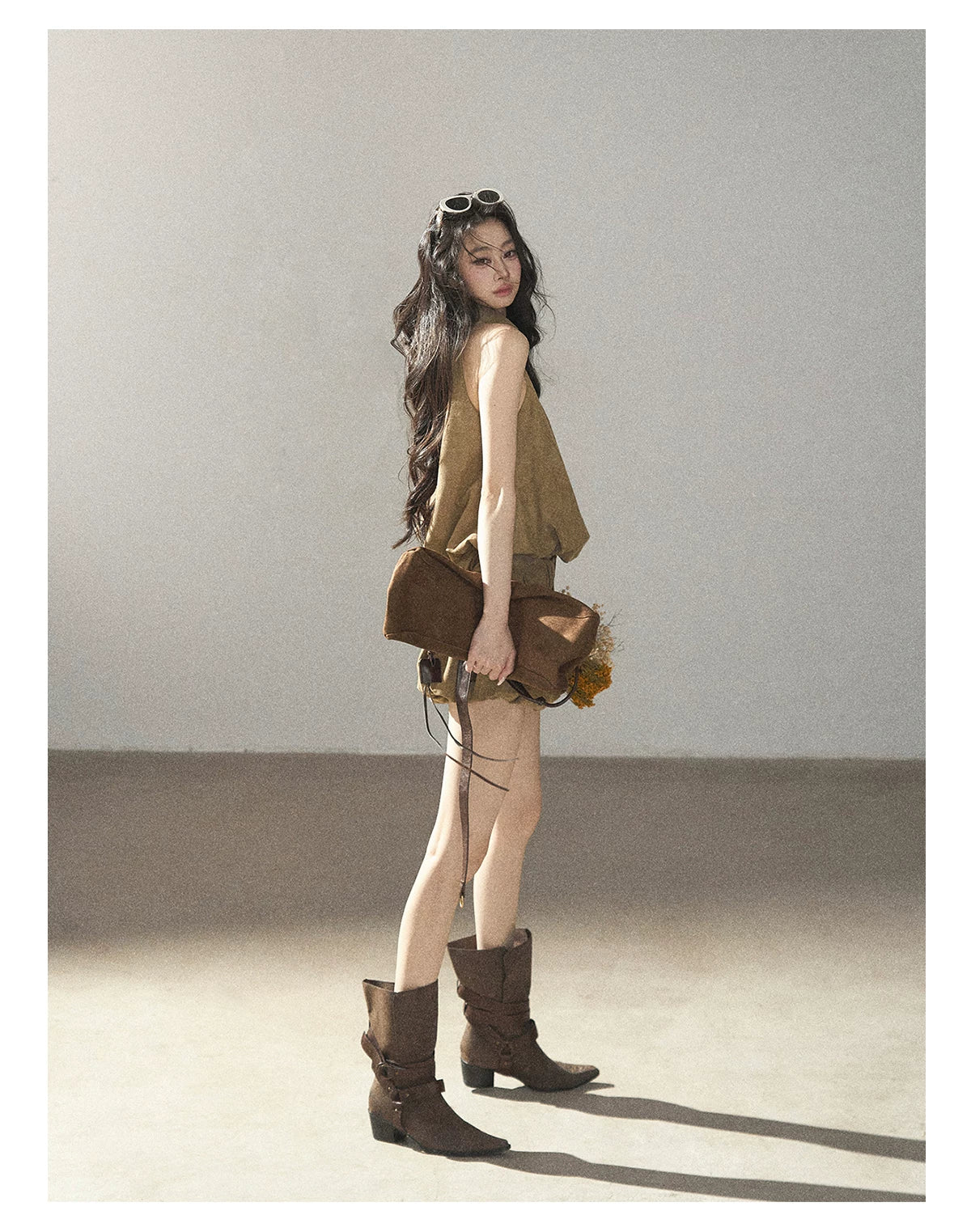 AOMALM - "The Veins of Leaves" Oatmeal French Faux Suede Top & Shorts Set