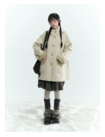 Horridale - Moss Green and Cream Reversible Hooded Wool Coat