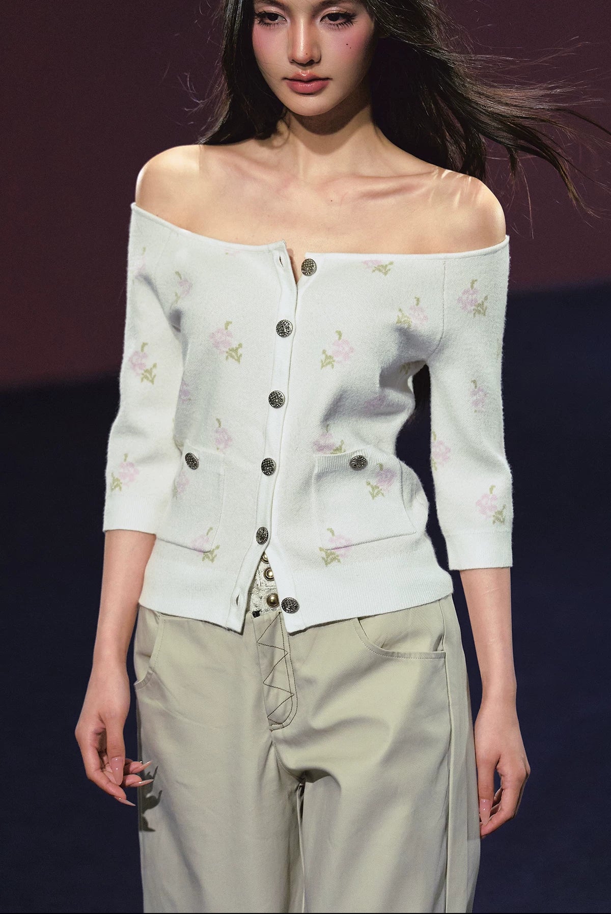 Floral Mosaic Off-Shoulder Knit Top (Ivory/ Dark Brown)