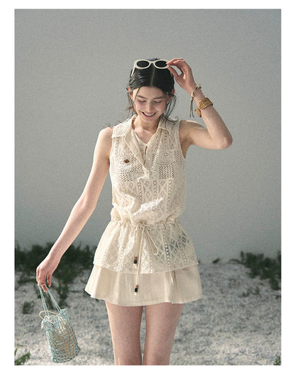 “Summer Breeze Kissing the Hem” Ivory Lace Layered Sleeveless Top