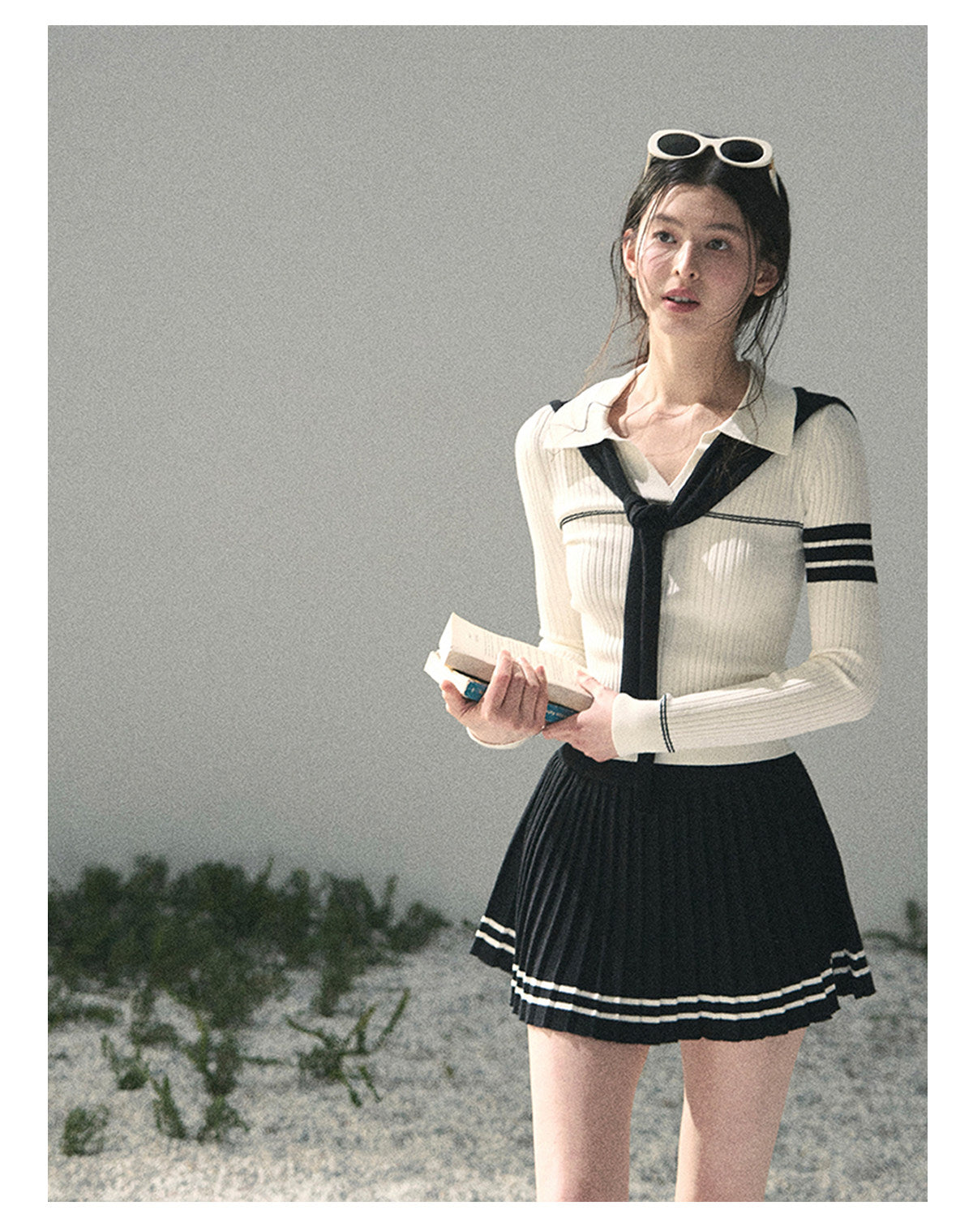 “Delhi Academy” Ivory Polo Knit Set with Midnight Black Scarf