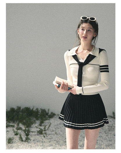 “Delhi Academy” Ivory Polo Knit Set with Midnight Black Scarf