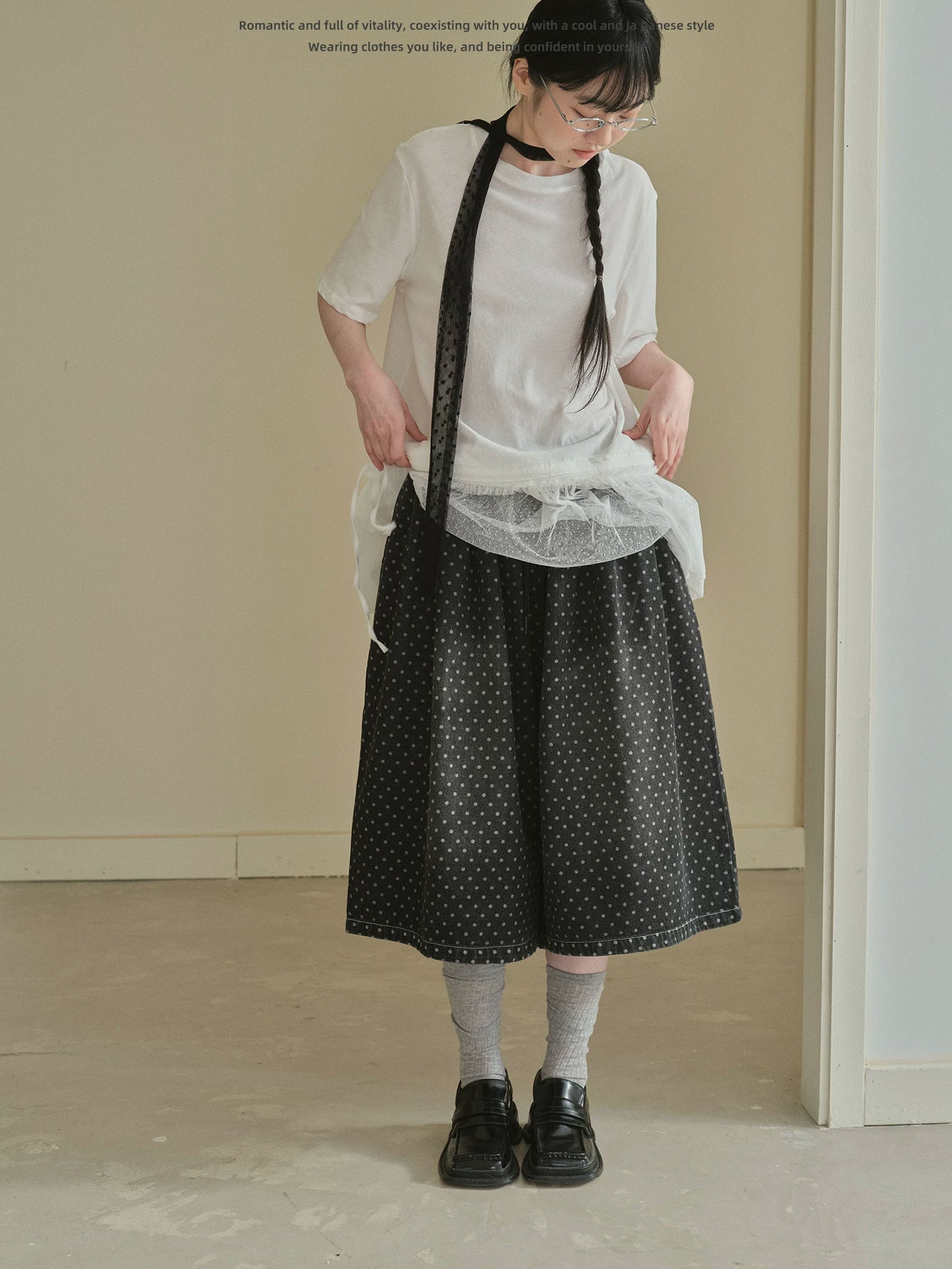 "Midnight Dots" Charcoal Black Polka Dot Cropped Wide Leg Jeans