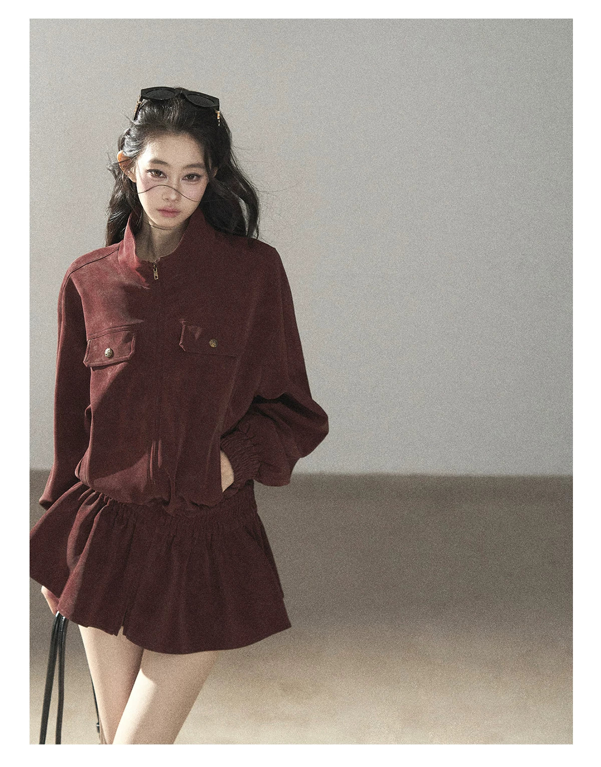 AOMALM - Burgundy PU Suede Jacket & A-Line Shorts Set