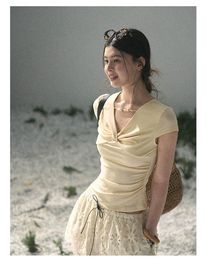 “Sheer Spring Whisper” Milkshake Yellow Twist V-Neck Top