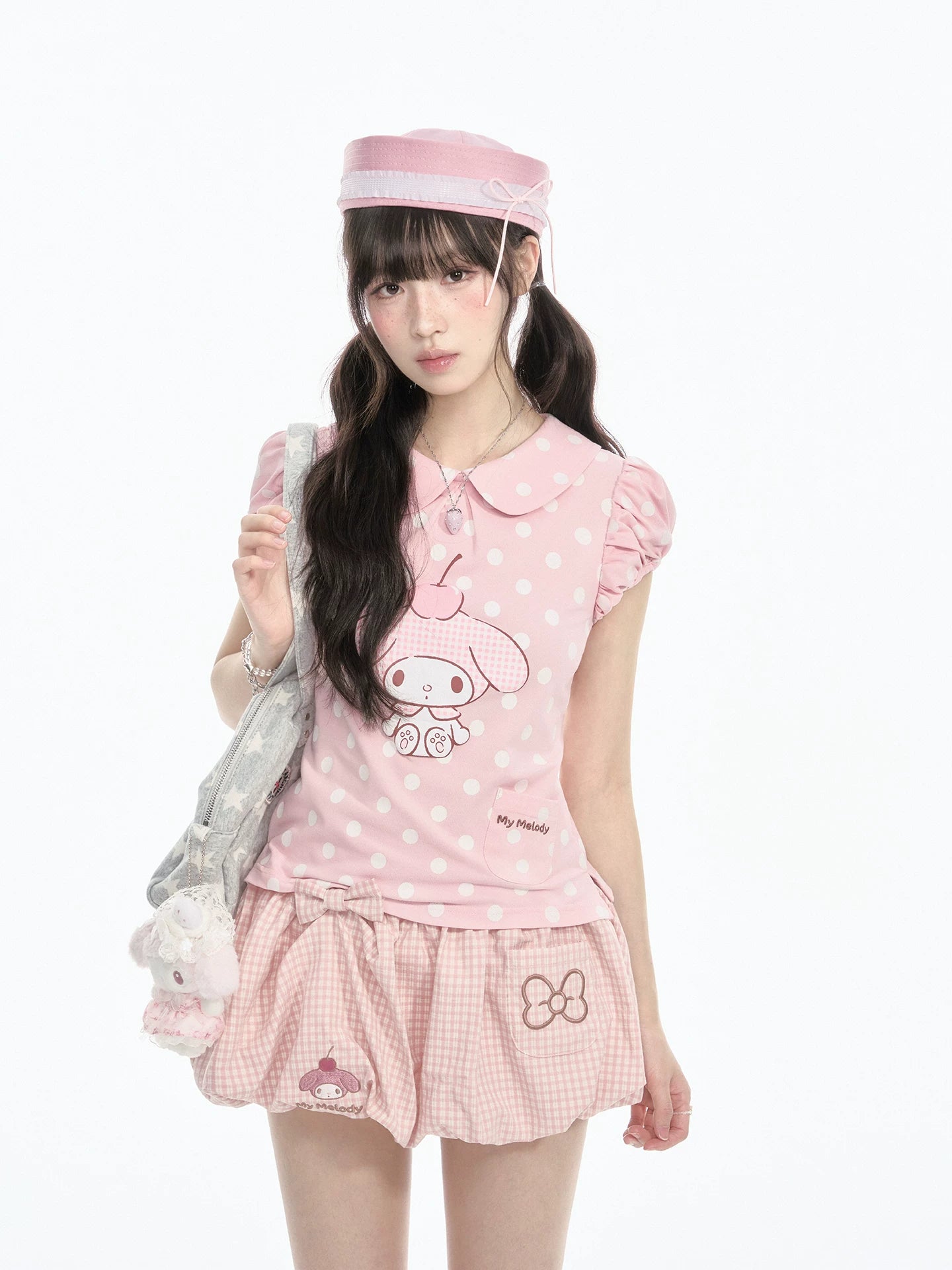 "Sweet Melody" Pink Casual Collection (Polka Dot Puff Sleeve Tee / Pleated Skirt / Bubble Skirt)