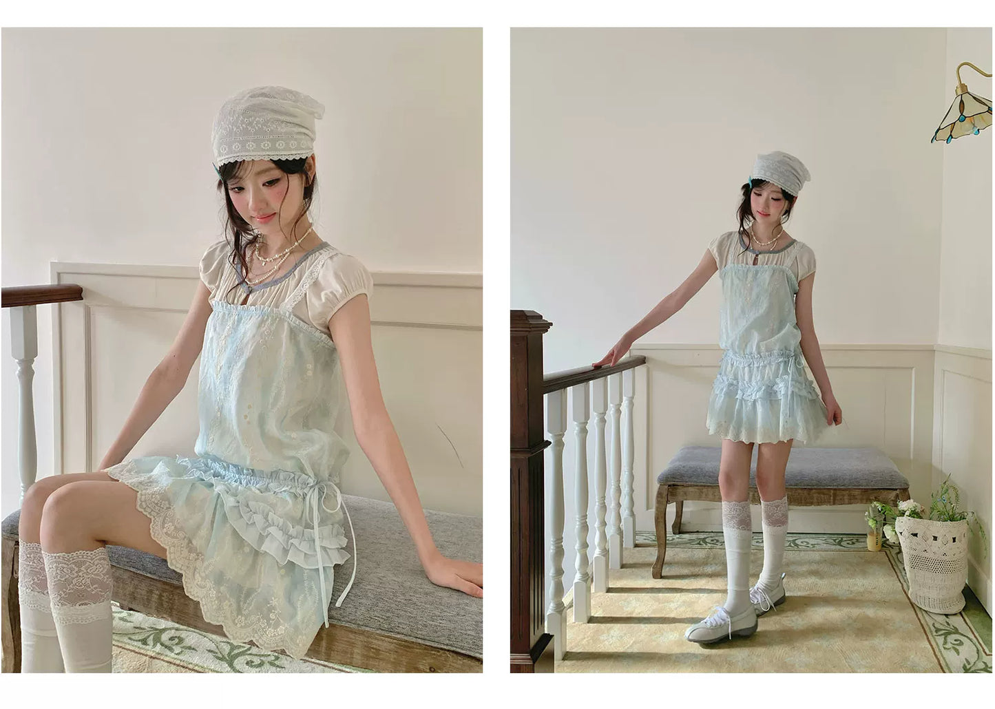 “Summer Dreamloom” Blue Lace Tiered Dress Set (Inner Top + Slip Dress)