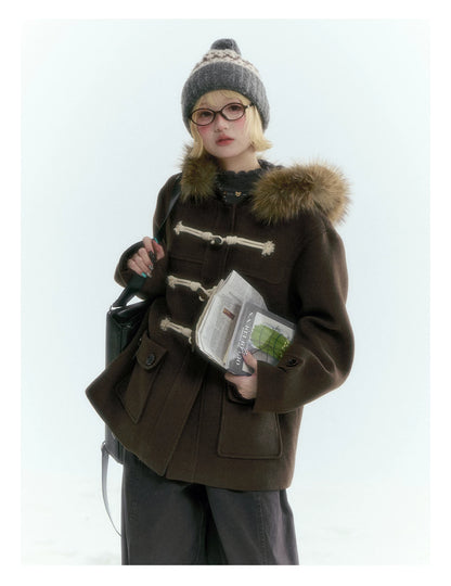 Horridale - Dark Coffee Brown Cropped Hooded Toggle Coat with Detachable Faux Fur Collar