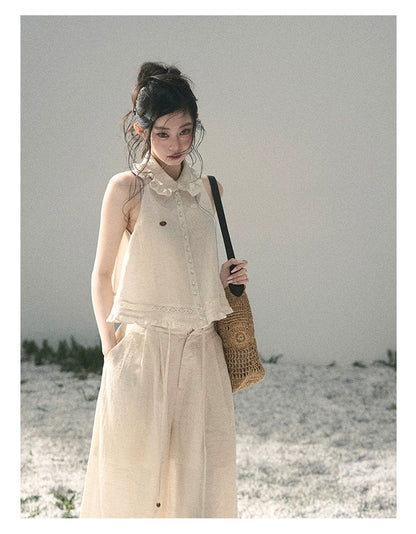 "Soft Cloud Reverie" Dutch Cream Lace Top & Bubble Skirt & Wide-Leg Pants Set 5468465