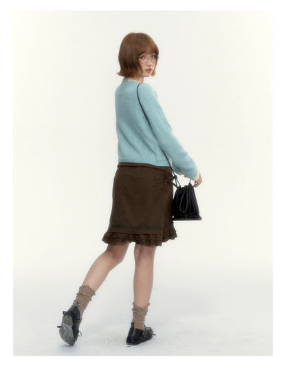 Korean Contrast Bow-Tie Layered Knit Cardigan (Blue / Purple)