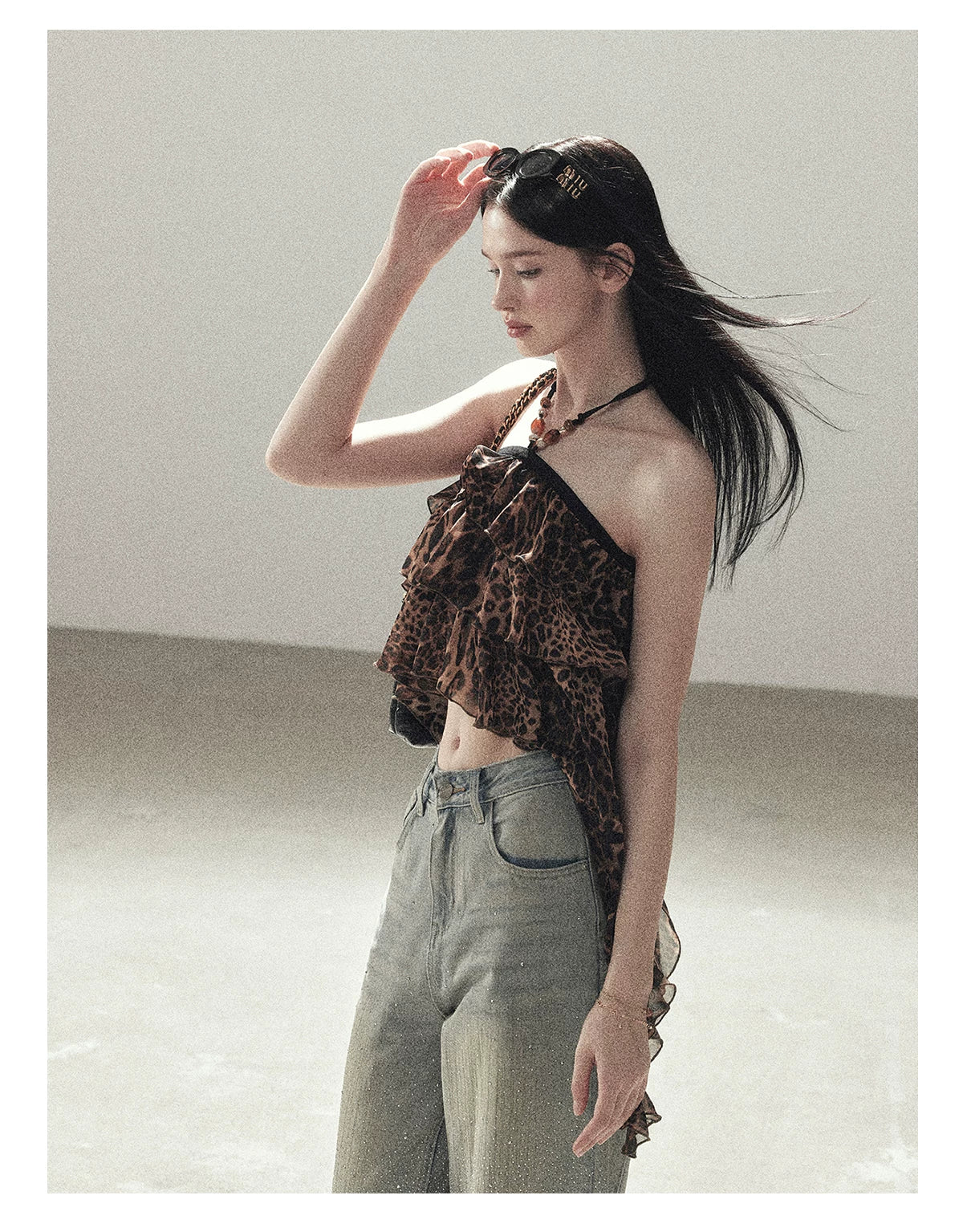 "Chasing the Sunset" Chestnut Brown Leopard Halter Ruffle Crop Top