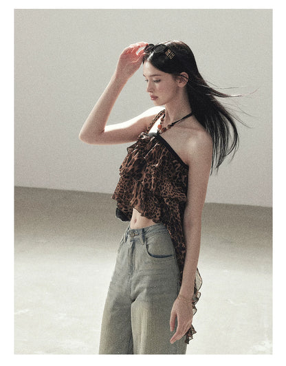 "Chasing the Sunset" Chestnut Brown Leopard Halter Ruffle Crop Top