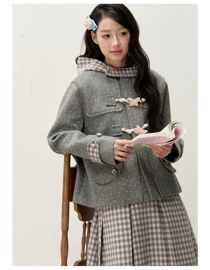 [RF] Floral Heather Gray Pink Plaid-Trim Hooded Duffle Coat
