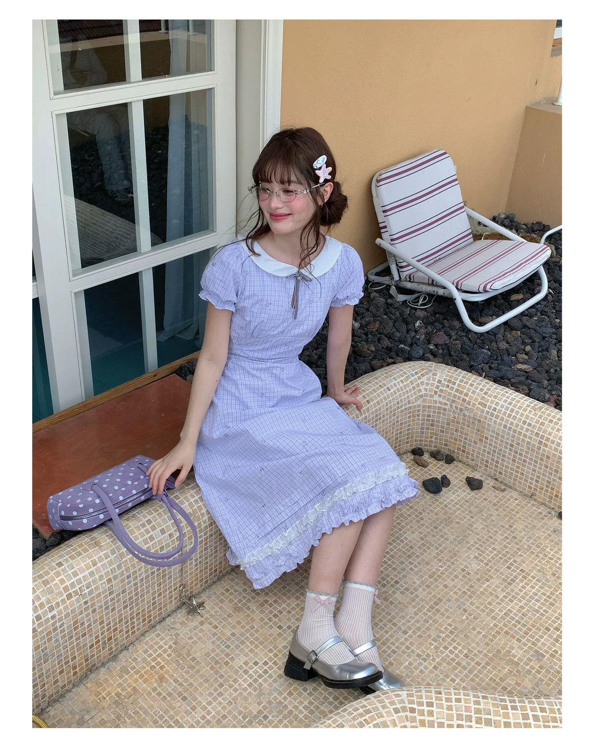 [RF] “Taro Milk Pudding” Purple Plaid Ruffle Midi Dress