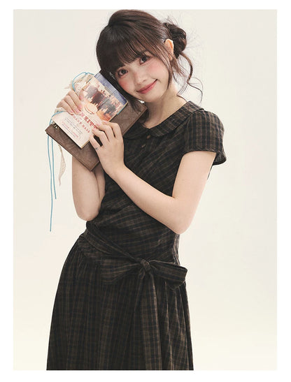 "Vintage Scholar" Black Brown Plaid Bow Tie Peter Pan Collar Maxi Dress