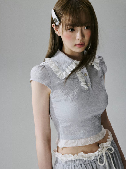 LOST FOREST - Gray Blue Fitted Top & Low-Waist Skirt Set