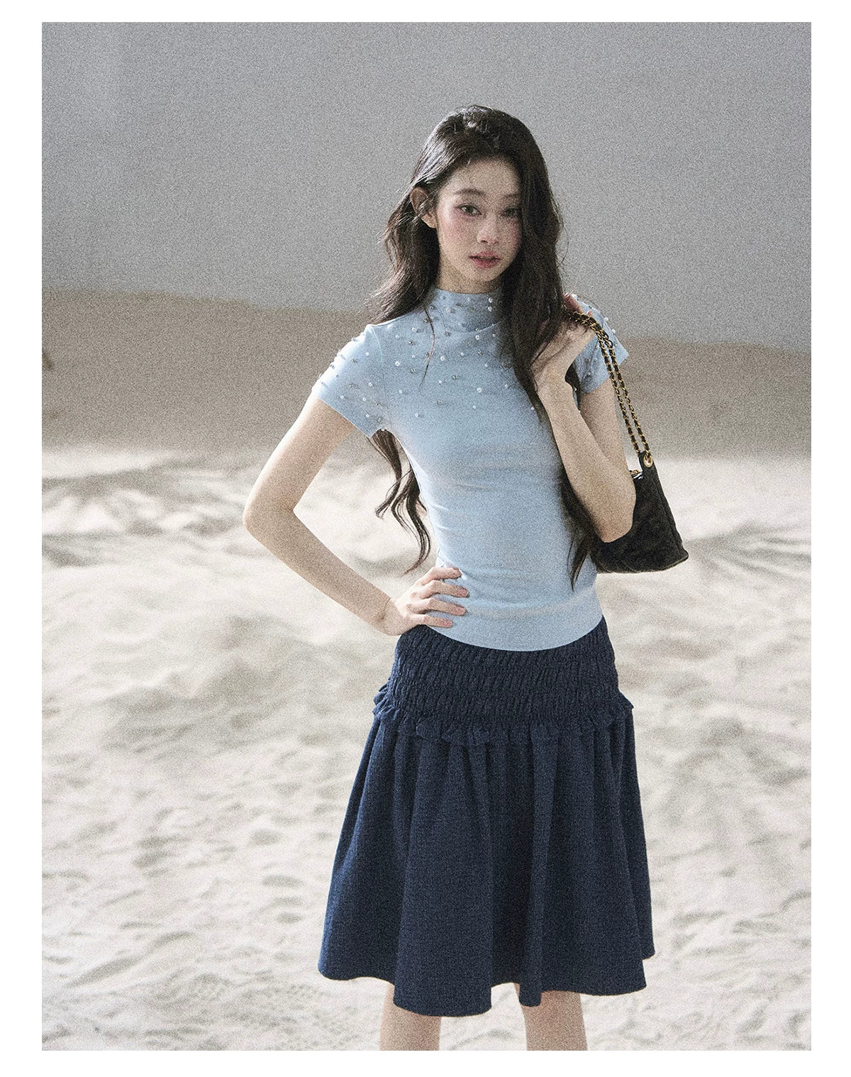 "Scattered Across the Milky Way" Pearl Beaded Knit T-Shirt (Haze Blue/ Sage Gray)