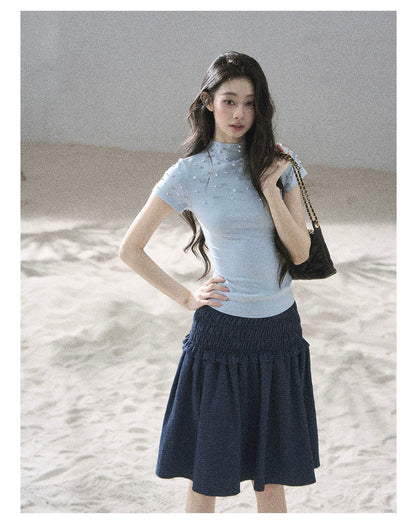 "Scattered Across the Milky Way" Pearl Beaded Knit T-Shirt (Haze Blue/ Sage Gray)
