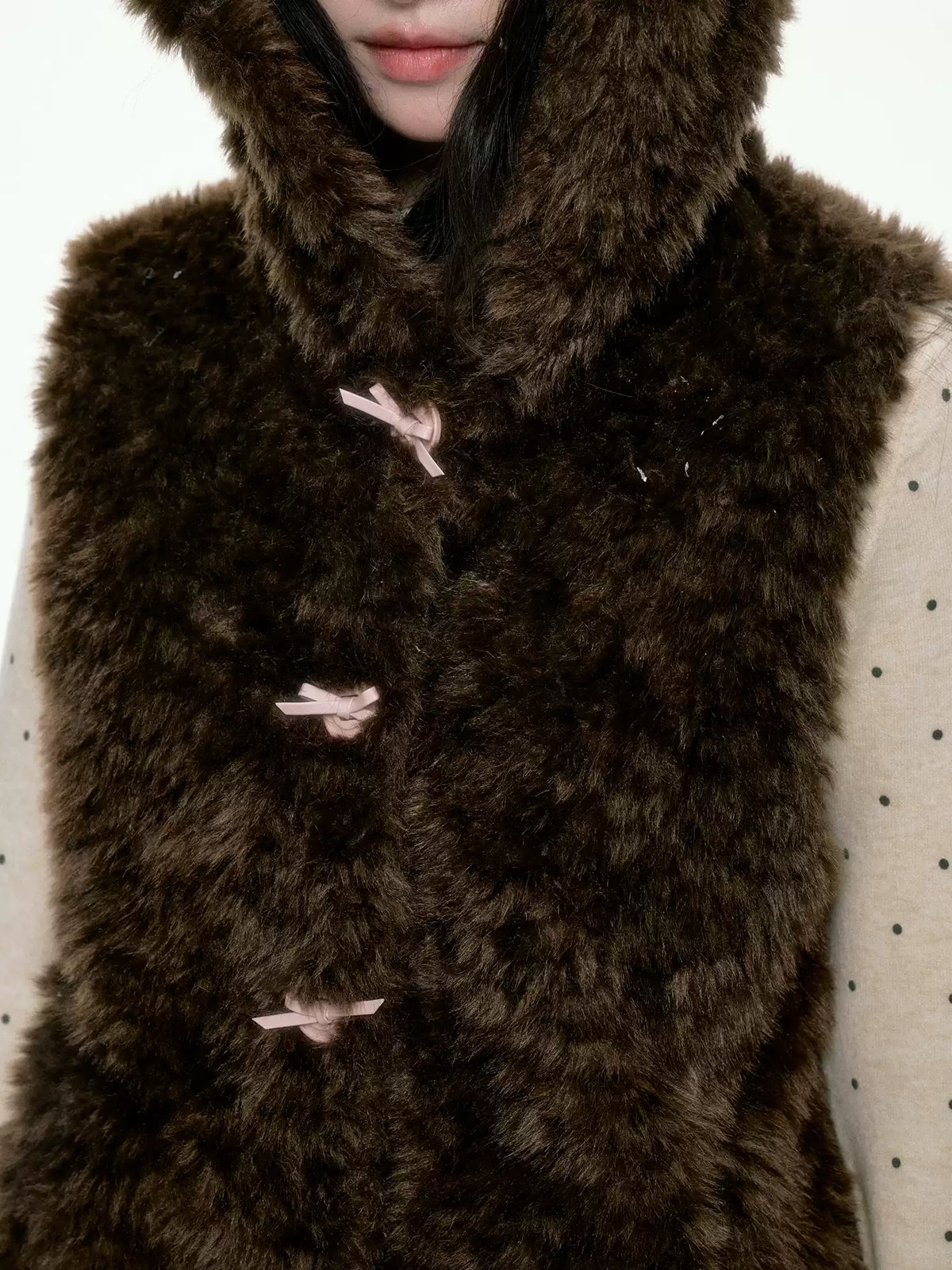 BIBIBENCY - Brown Faux Fur Hooded Vest with Toggle Closures